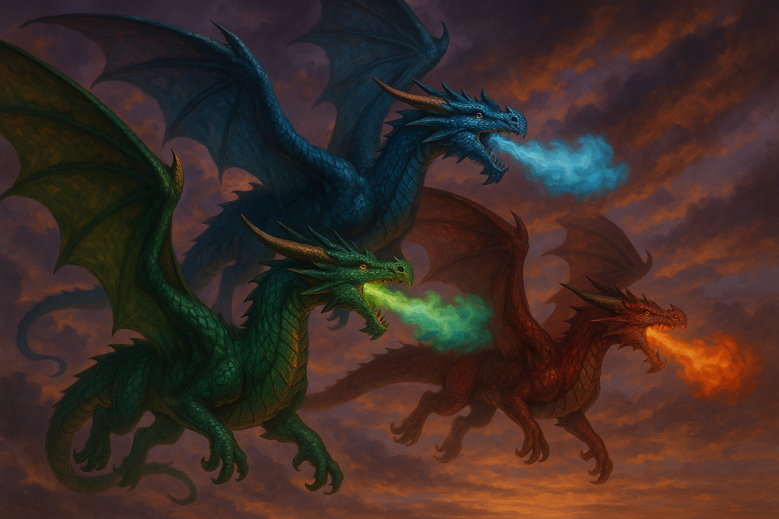 three coloured dragons